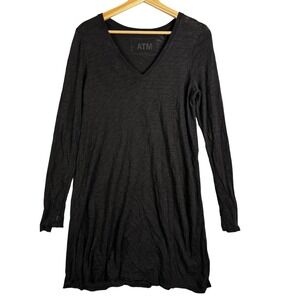 ATM Slub Jersey Black Long Sleeve V Neck 100% Cotton Casual Tunic Dress XS TP